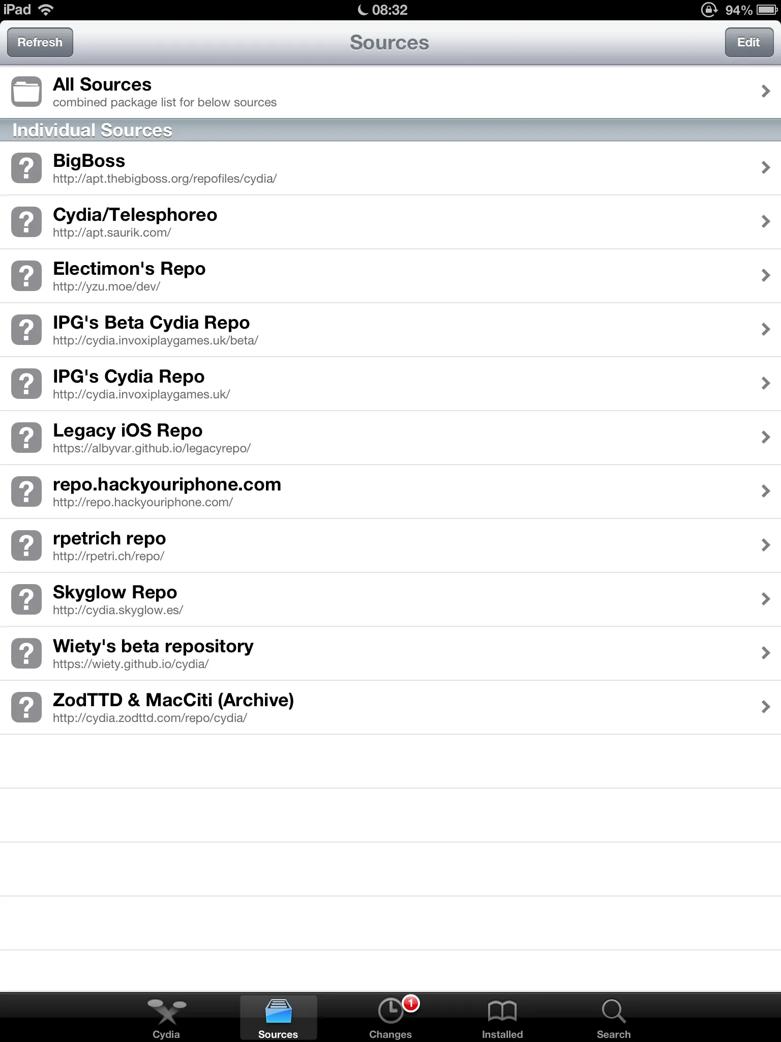 These are the Cydia repos I have installed. Some are considered to be "hacked", that distribute packages illegally. But They are also the only ones that I've found working