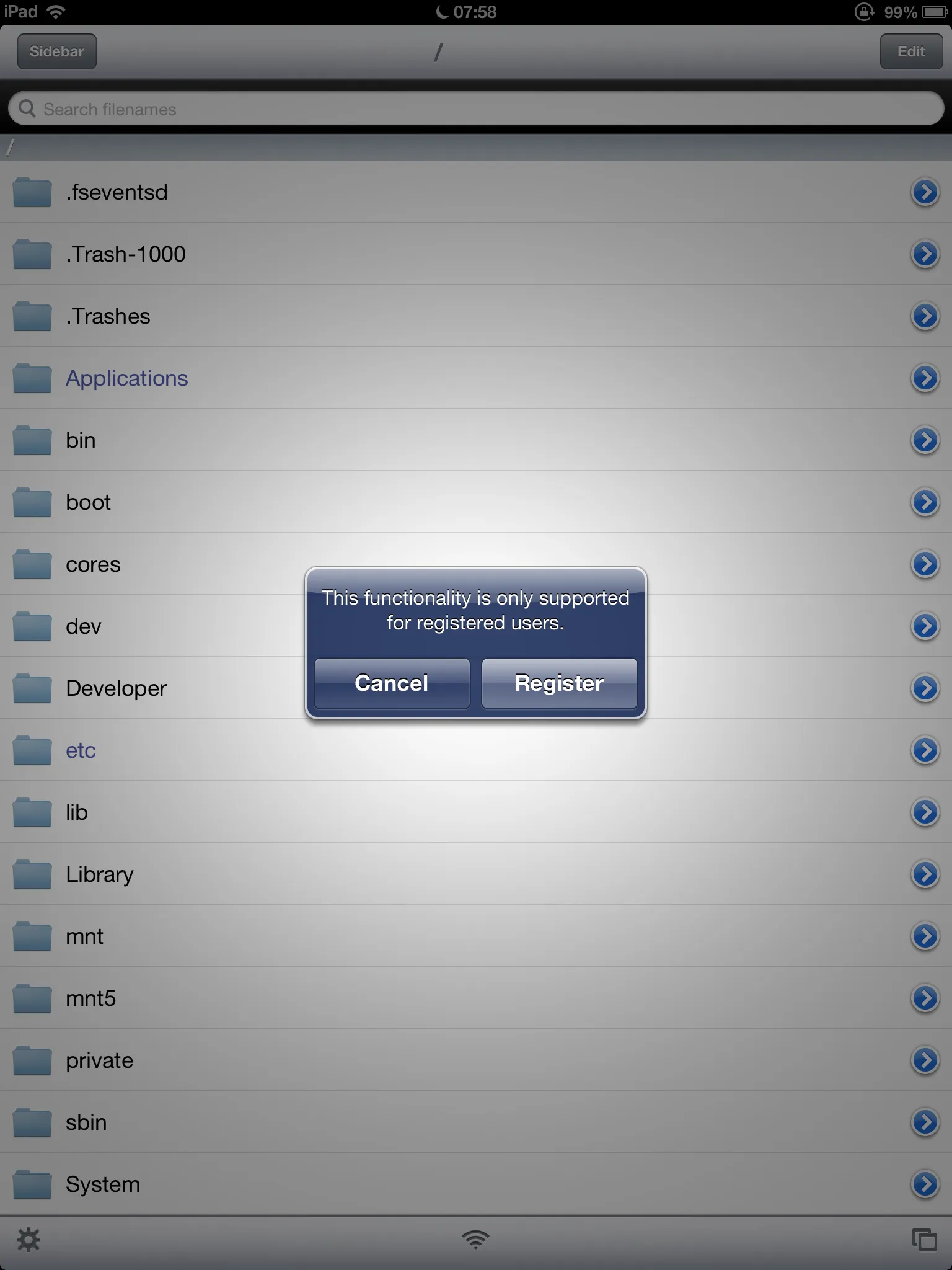 The iFile tweak, from the BigBoss Repo, doesn't allow for "Registered" features, and doesn't even let you "Register" anymore. That could have been useful, as we could navigate remote directories to pull our files.