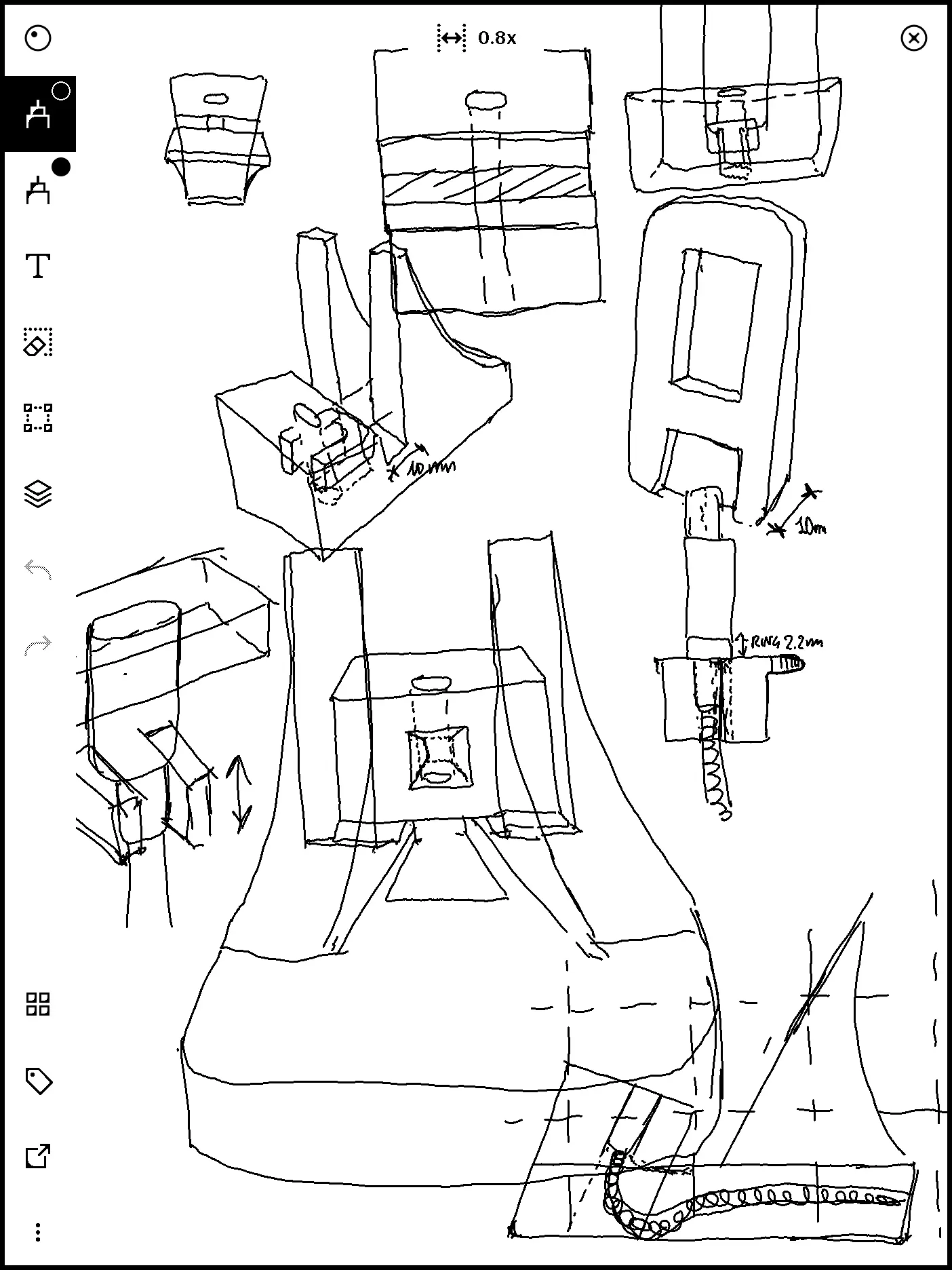 A sketch for a smartphone charging stand, drawn with the "Fineliner" tool