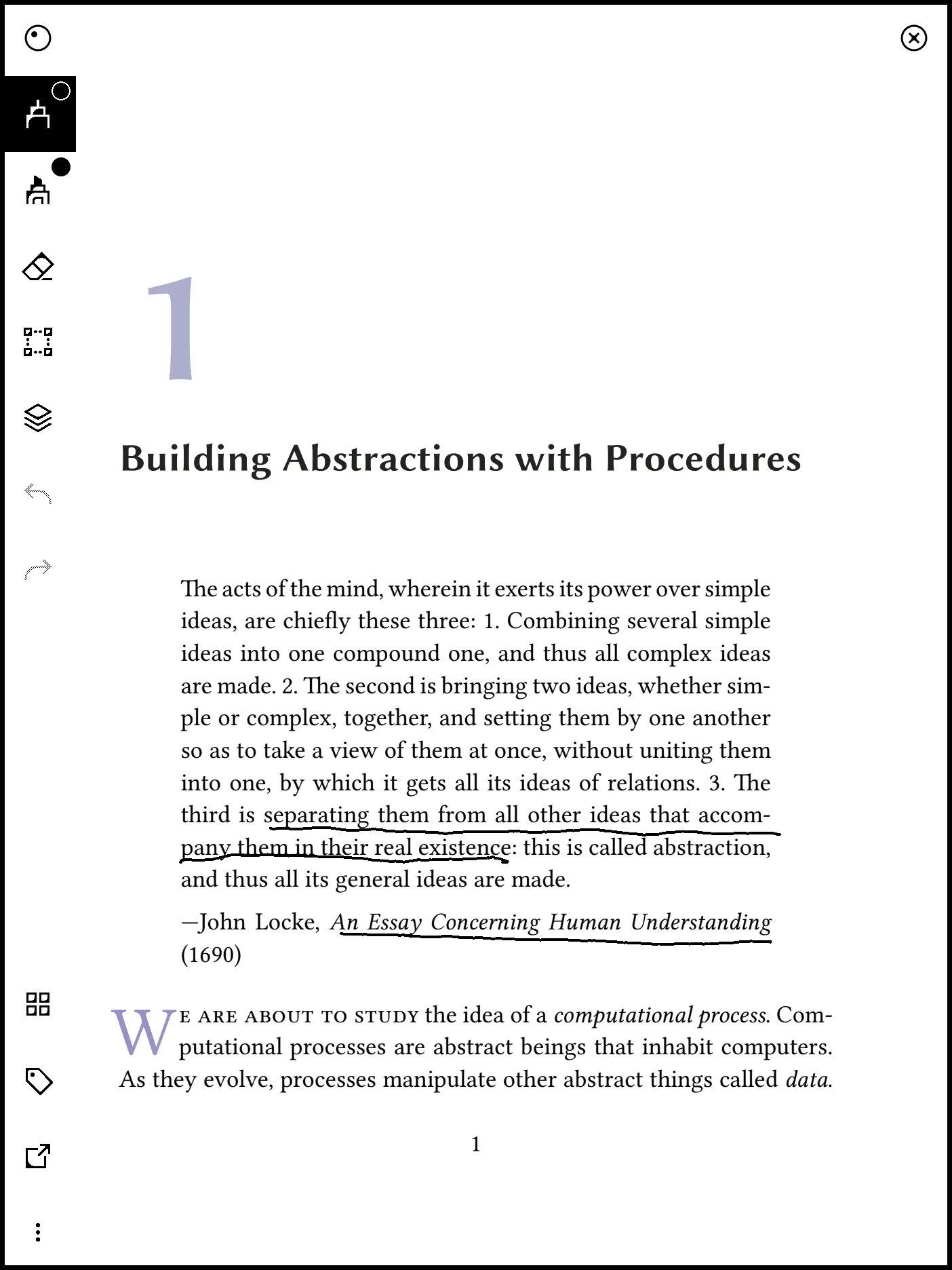A page from Structure and Interpretation of Computer Programs, with the tools palette open